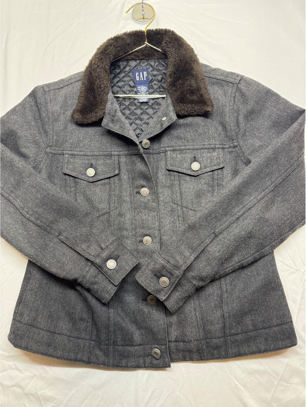 GAP vintage Dark Gray Wool Blend Trucker Jacket with Faux Fur Collar Size S
